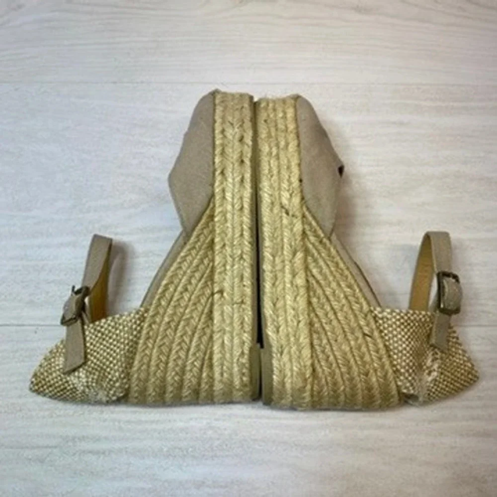 Castañer Women 6 36 Espadrille Wedge Sandal Ankle Strap Tan Canvas Jute Platform